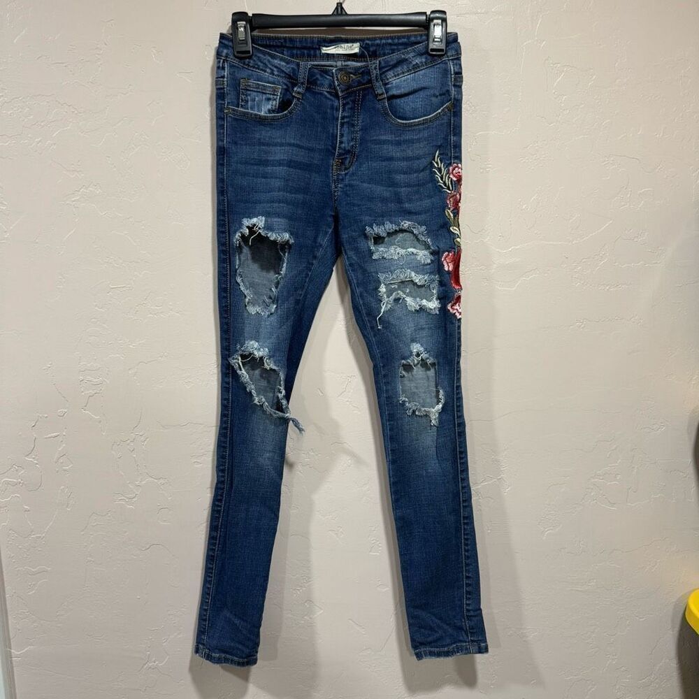 Machine Size 1 Embroidered Floral Denim Jeans